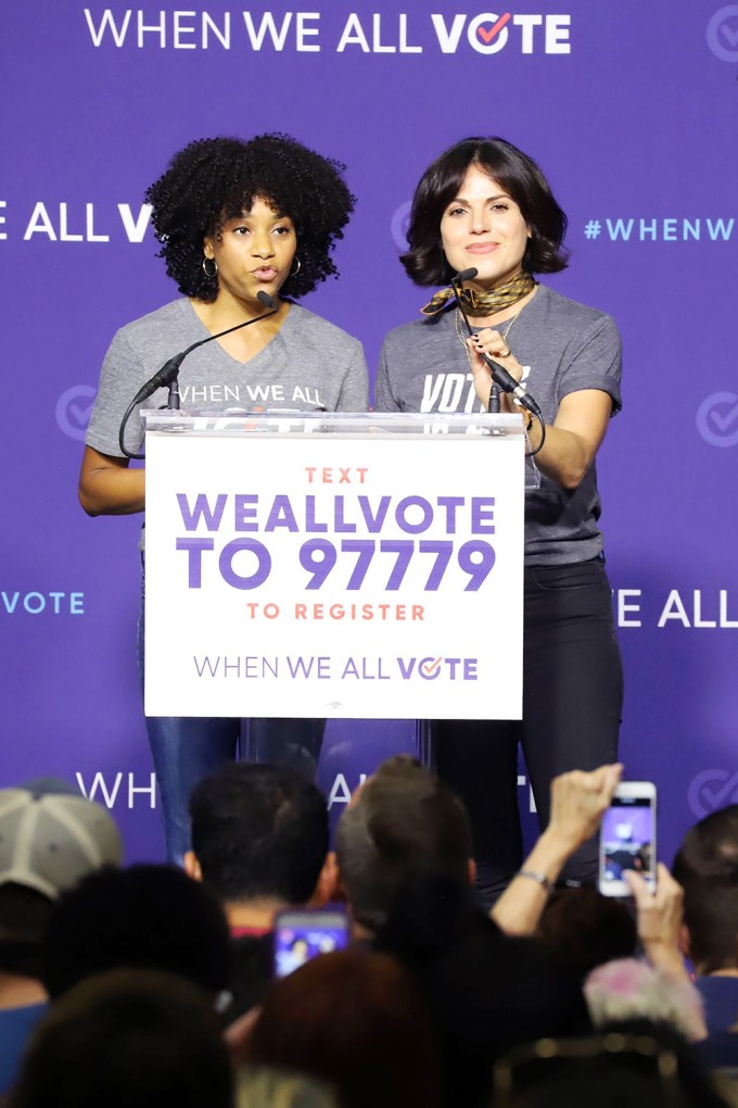 Kelly McCreary and Lana Parrilla speaking at the When We All Vote rally in Las Vegas