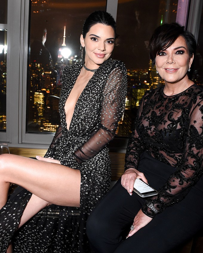 Kris Jenner and Kendall Jenner smile in front of a window