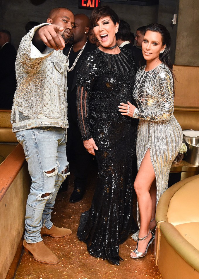 Kris Jenner laughs with Kanye West and Kim Kardashian