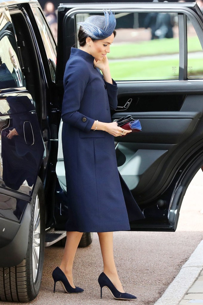 Meghan Markle in Navy Blue Covering Her Bump