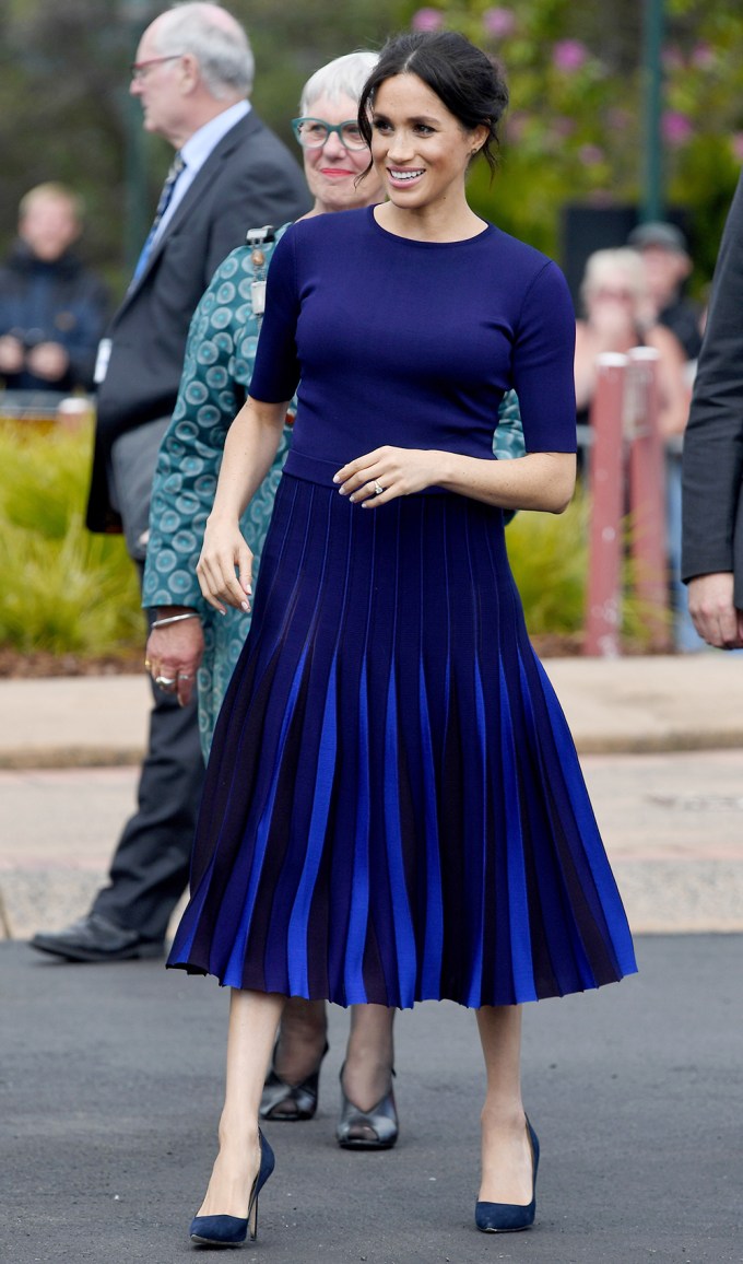 Meghan Markle in a Pleated Blue Skirt
