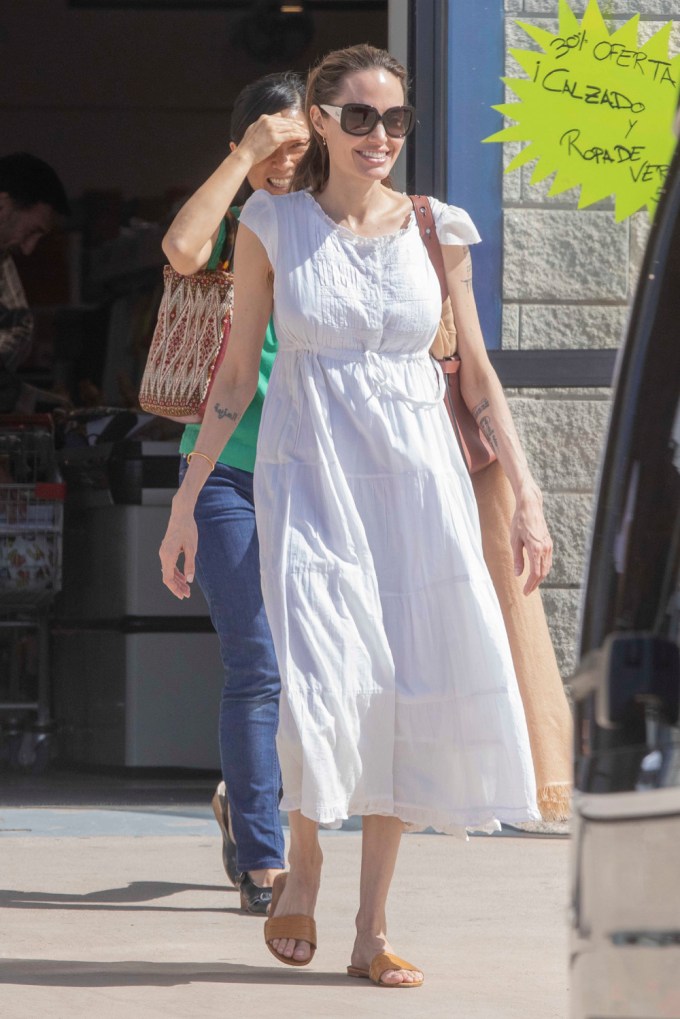 Angelina Jolie in a White Dress in Spain