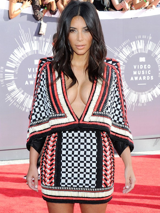 Kim Kardashian in a pattered dress at the VMAs