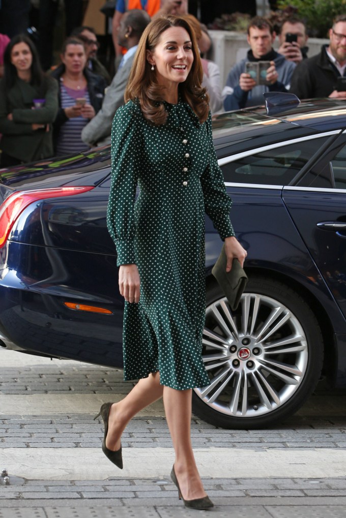 Kate Middleton in a green polka dot dress
