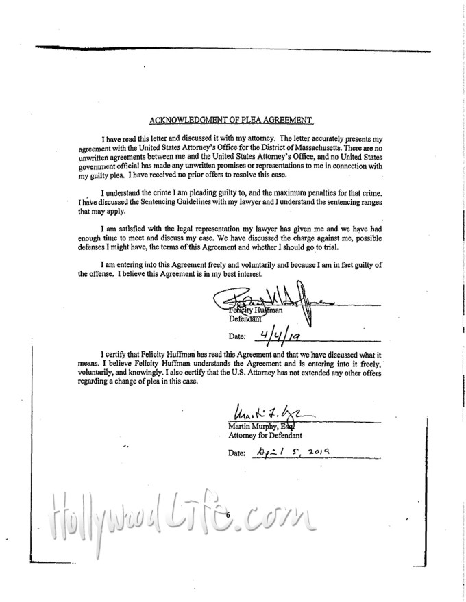 Felicity Huffman’s signature on her plea agreement