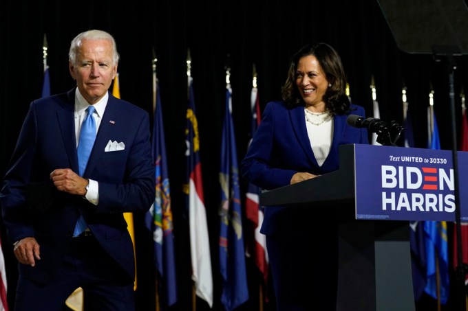 Joe Biden and Kamala Harris during a speech