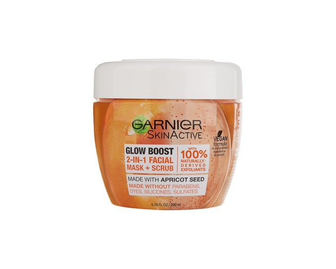 Garnier SkinActive Glow Boost 2-in-1 Facial Mask Scrub with Apricot Seeds, $6.99, drugstores