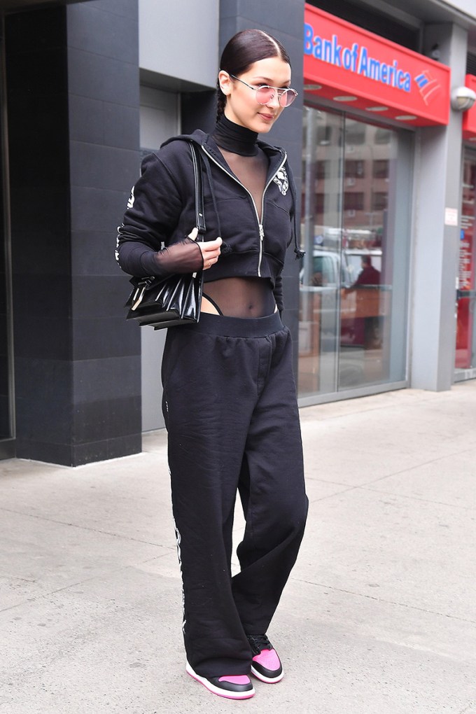Bella hadid Layers A Mesh Bodysuit Under An Aughts-Inspired Sweatsuit
