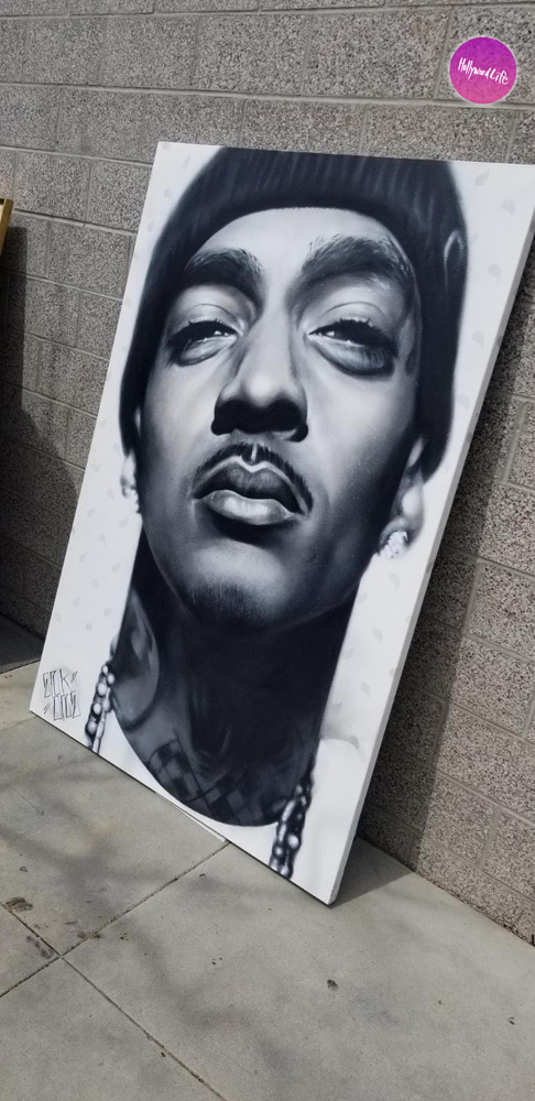 Nipsey Hussle black and white drawing at memorial