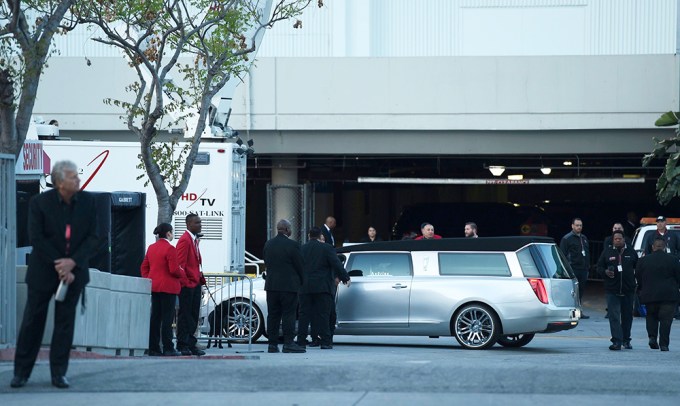 Nipsey Hussle’s silver hearse outside his memorial
