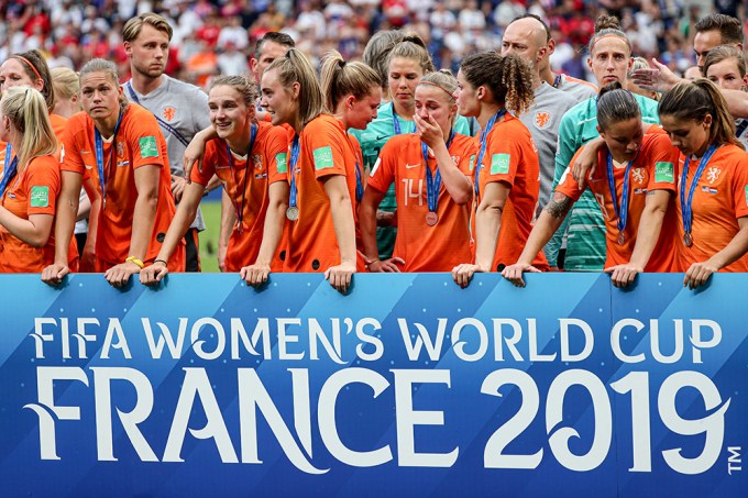 Players of the Netherlands during the FIFA Women’s World Cup ceremony v