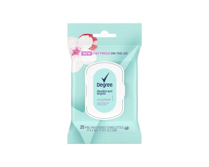 Degree Stay Fresh On-The-Go, White Flowers and Lychee Deodorant Wipes, $4.19, Drugstores