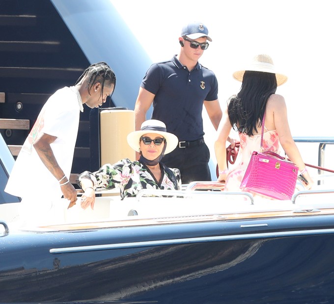Kylie Jenner, Kris Jenner and Travis Scott enjoy a boat in Italy