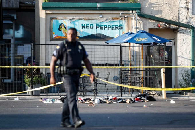 Shoes are shown at the scene of the Dayton, Ohio shooting