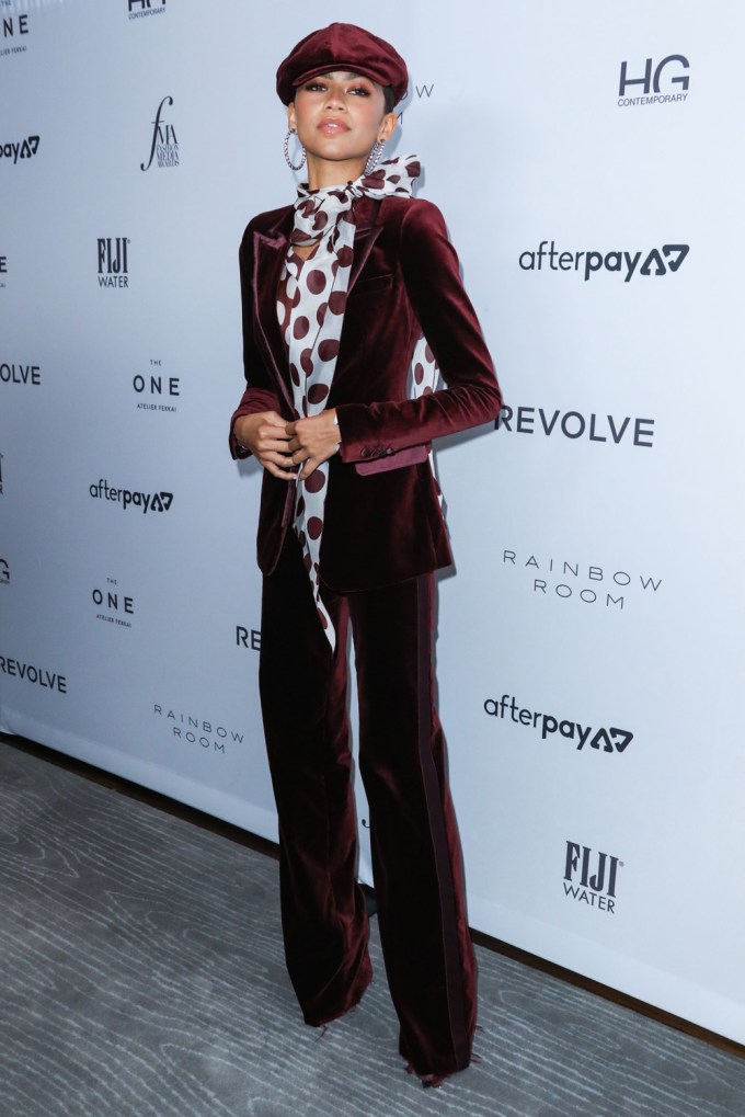 Zendaya in a Maroon Velvet Suit