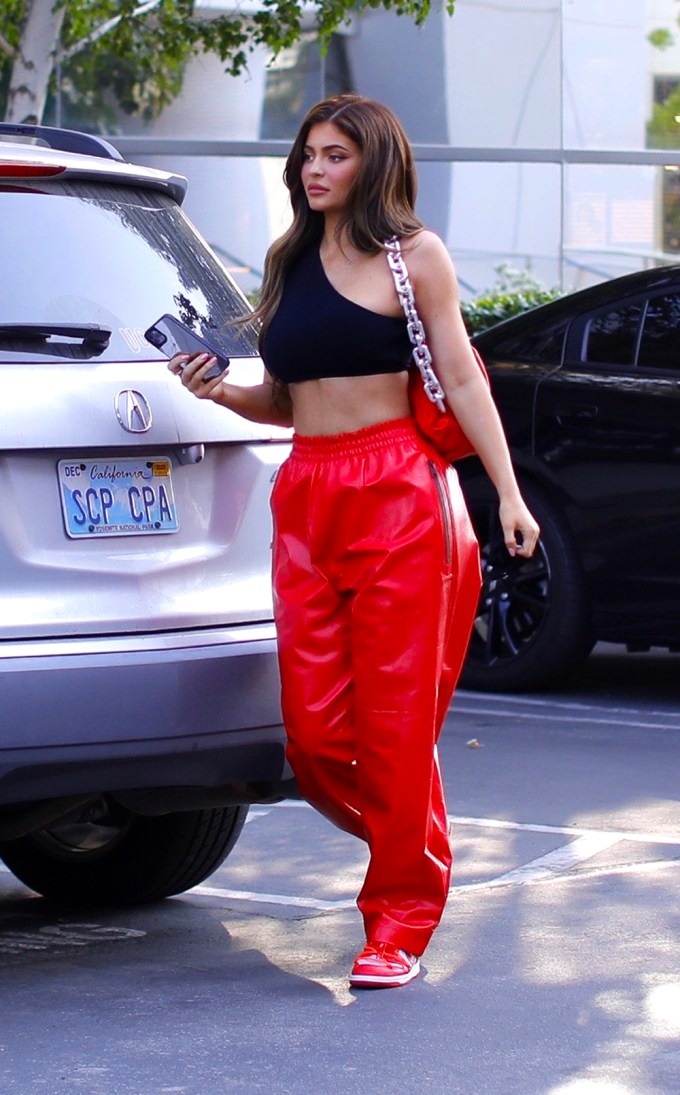 Kylie Jenner Rocks Red Leather With Red Bottega Veneta