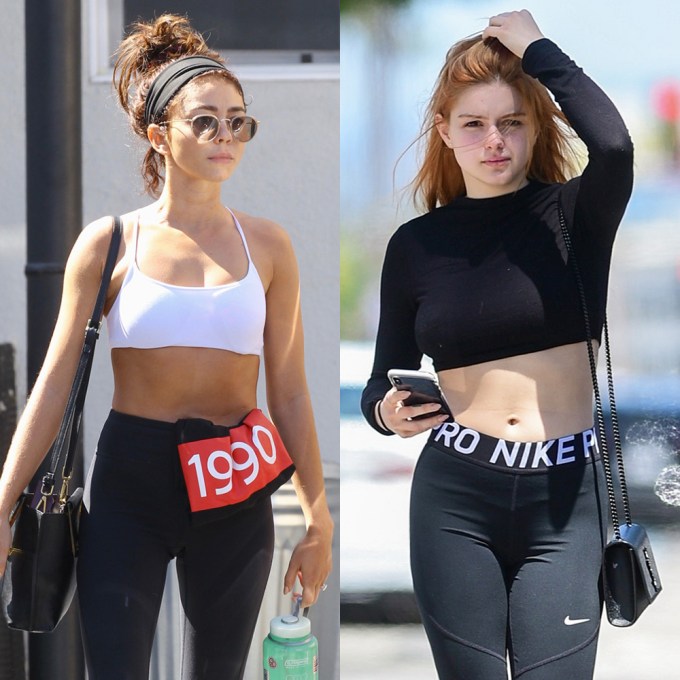 Ariel Winter sports hot pink leggings and a sheer top for a trip