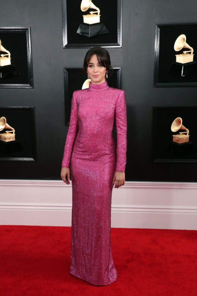Camila Cabello in a long-sleeved pink dress
