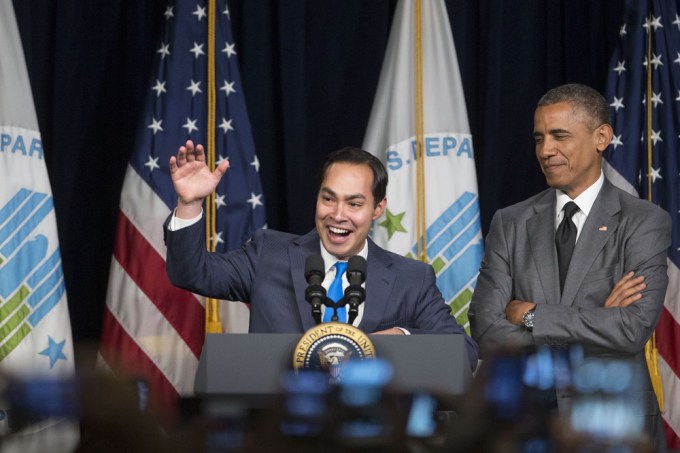 Barack Obama and Julian Castro at the Department of Housing and Urban Development in Washington DC