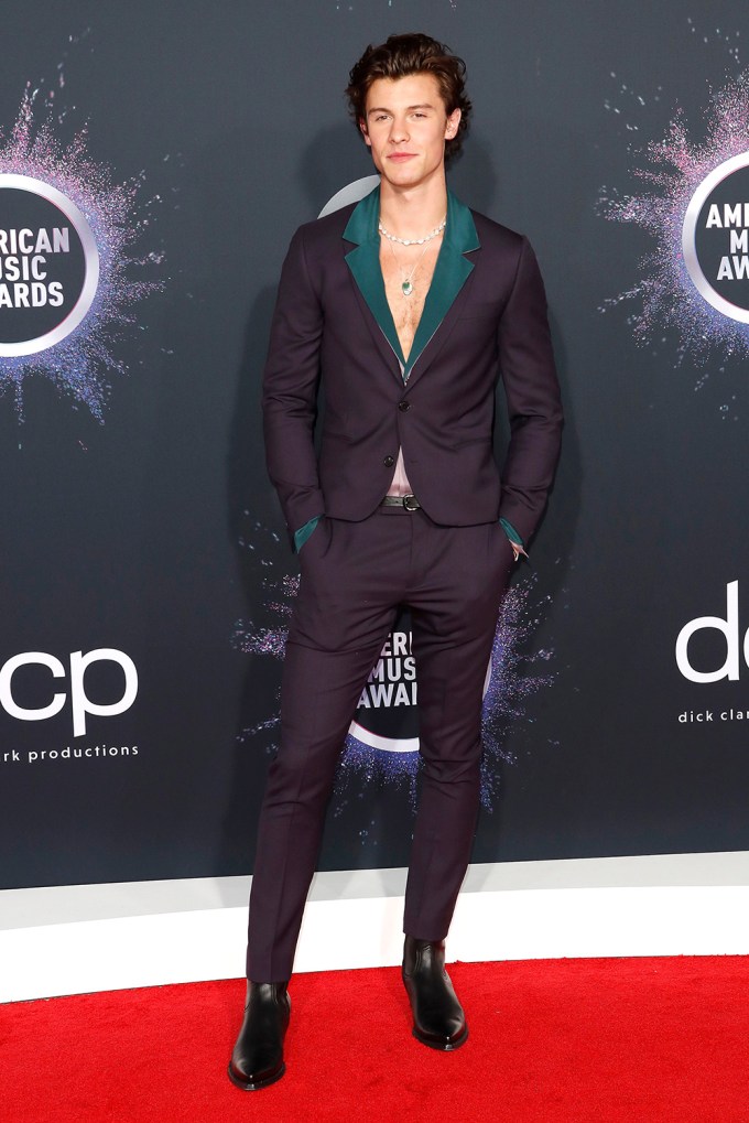Shawn Mendes in burgundy and green at the American Music Awards