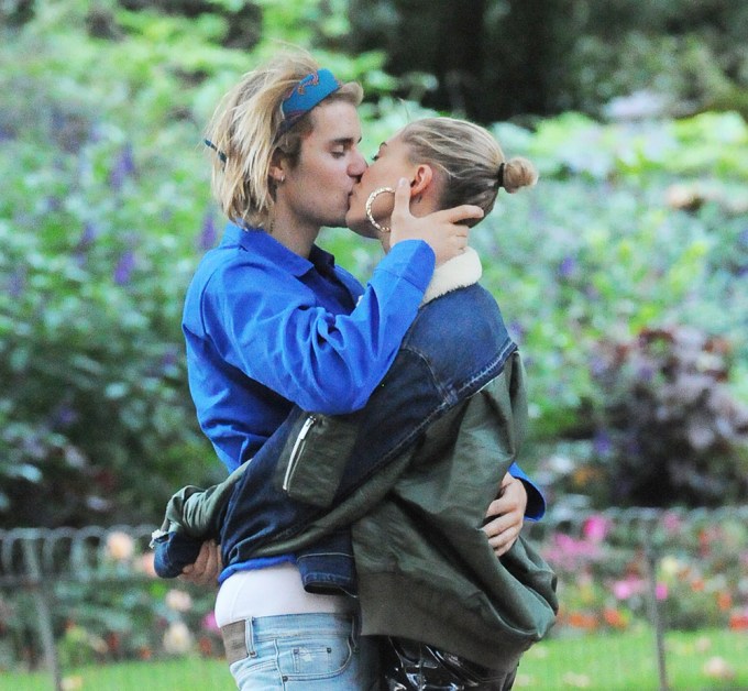 Justin Bieber & Hailey Baldwin during a make-out session in a London park