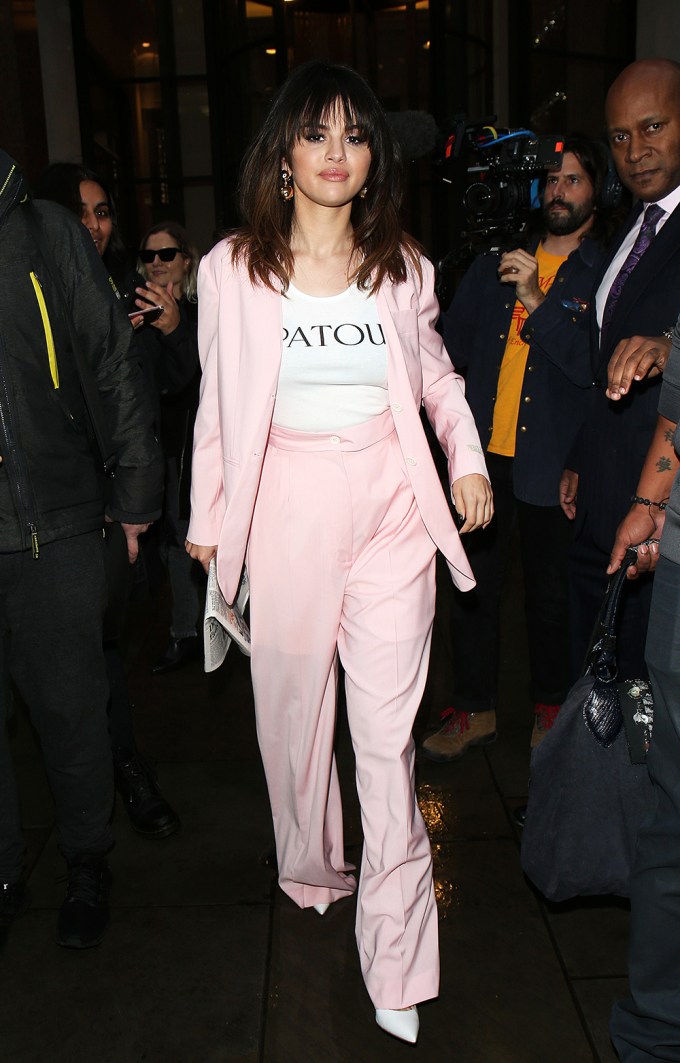 Selena Gomez out in a pink suit