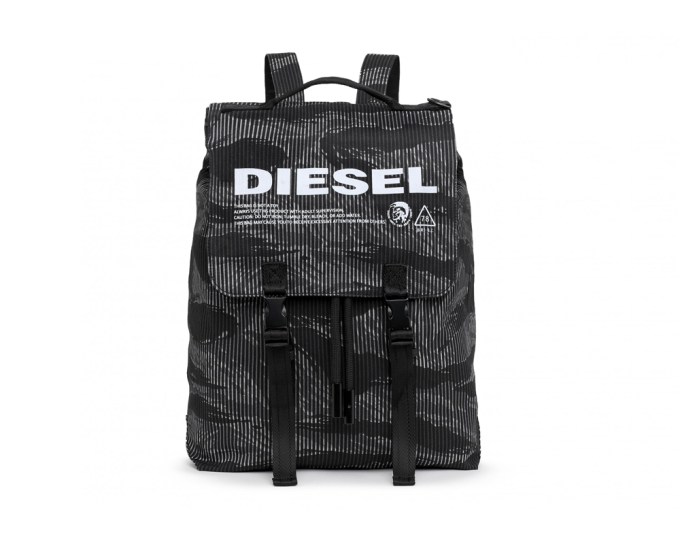 Diesel VOLPAGO BACK Buckled backpack in striped camo denim, $198, Diesel.com