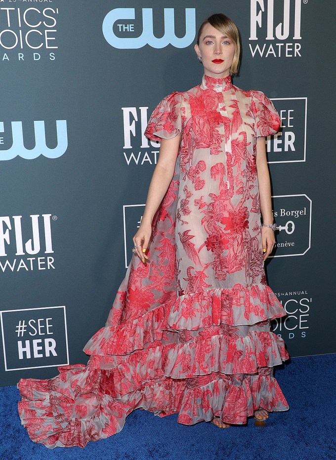 Saoirse Ronan stuns in a red and silver floral gown