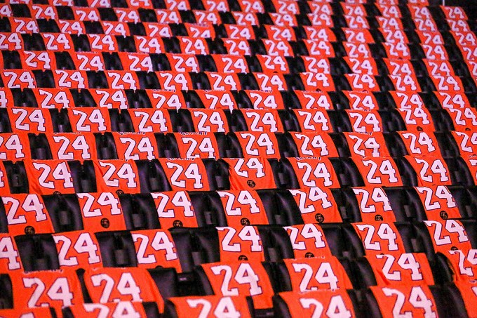 Kobe Bryant’s retired number 24 jersey on the seats at Staples Center