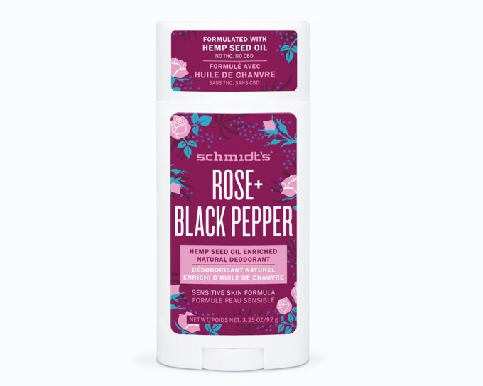 Schmidt’s Rose+Black Pepper Hemp Seed Oil Deodorant, $9.99, shop.schmidts.com