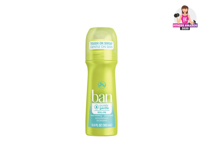 BEST GYM BAG ESSENTIALS — Ban Purely Gentle Roll-On Deodorant, $10.58 for 2-pack, Amazon