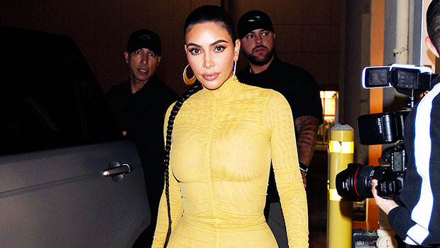 Kim Kardashian's Tight Yellow Dress, Long Braid & Hoops – Pics
