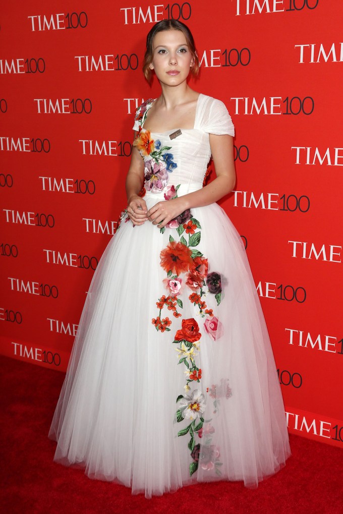 Millie Bobby Brown in a white tulle dress with colorful flowers at TIME’s 100 Most Influential People in 2018