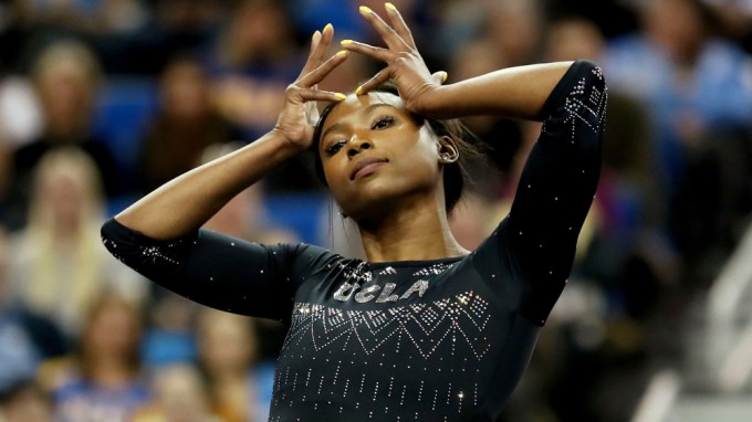 Nia puts her crown on at UCLA Women’s Gymnastics