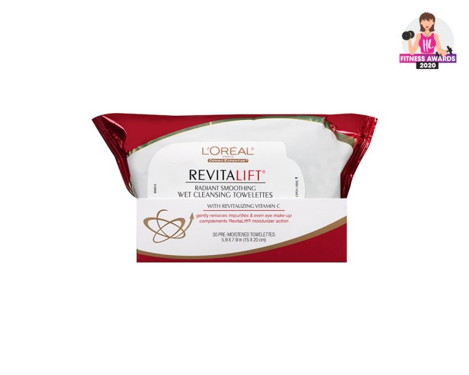 BEST GYM BAG ESSENTIALS — L’Oréal Paris Revitalift Radiant Smoothing Wet Cleansing Towelettes, $6.69, lorealparisusa.com
