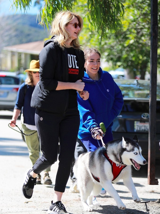Laura Dern maintains ‘social distancing’ while out for a walk with her daughter and dogs