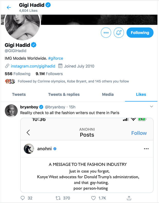 Gigi Hadid Shades Kanye West By Liking Tweet Dissing Him For Trump Support  – Hollywood Life
