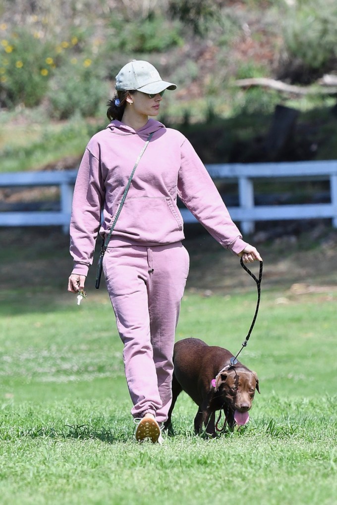 Alessandra Ambrosio hiking in purple sweats with her dog