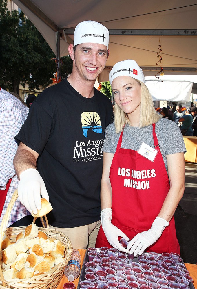 Heather Morris and her husband Taylor Hubbell at the Los Angeles Mission Annual Thanksgiving for the Homeless