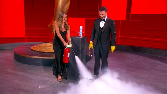 Jennifer Aniston & Jimmy Kimmel Sanitize Their 1st Award