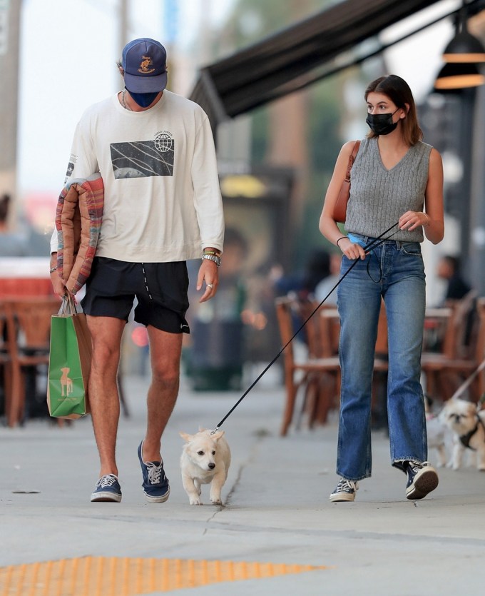 Kaia Gerber & Jacob Elordi Take Her Dog For A Walk
