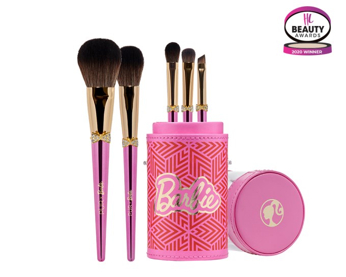 BEST MAKEUP BRUSH SET – PÜR X Barbie Brush ‘n Sparkle Signature 5-Piece Cruelty Free Brush Set with Bag, $48, purcosmetics.com