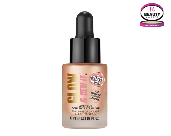 BEST DRUGSTORE HIGHLIGHTER – Soap & Glory Glow & Dew It Luminous Concentrate Elixir, $14, walgreens.com