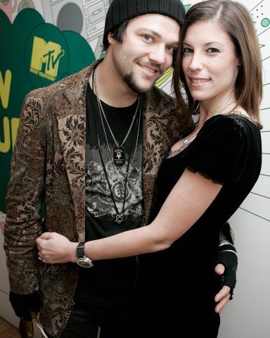 Actor and skate boarder Bam Margera and his fiancee Missy Rothstein appear backstage during MTV's "Total Request Live" show at the MTV Times Square Studios, Monday, Jan. 29, 2007, in New York.  (AP Photo/Jeff Christensen)