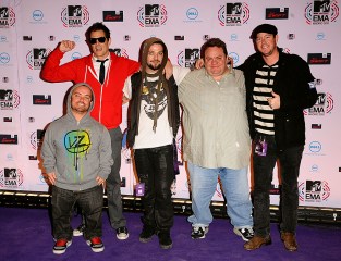 MTV Europe Music Awards 2010 - Madrid.(left to right) Jason 'Wee-Man' Acuna, Johnny Knoxville, Bam Margera, Preston Lacy and Ehren McGhehey of Jackass arriving for the 2010 MTV Europe Music Awards, at the Caja Magica, Manzanares Park, Madrid, Spain. URN:9738204 (Press Association via AP Images)