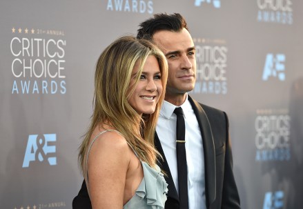 Jennifer Aniston, left, and Justin Theroux arrive at the 21st annual Critics' Choice Awards at the Barker Hangar on Sunday, Jan. 17, 2016, in Santa Monica, Calif. (Photo by Jordan Strauss/Invision/AP)