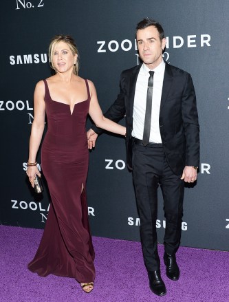 Actors Jennifer Aniston and Justin Theroux attend the world premiere of "Zoolander 2" at Alice Tully Hall on Tuesday, Feb. 9, 2016, in New York. (Photo by Evan Agostini/Invision/AP)