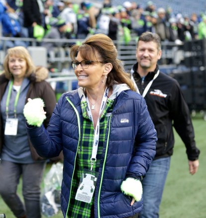 Sarah Palin, political commentator and former governor of Alaska, walks on the sideline before an NFL football game between the Seattle Seahawks and the Los Angeles Rams, in Seattle
Los Angeles Rams v Seattle Seahawks, NFL football game, Seattle, USA - 15 Dec 2016