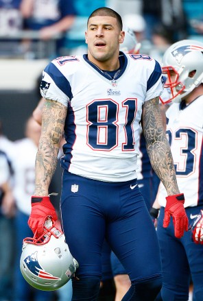 New England Patriots tight end Aaron Hernandez (81) warms up prior to an NFL football game against the Jacksonville Jaguars in Jacksonville, Fla
Patriots Jaguars Football, Jacksonville, USA - 23 Dec 2012