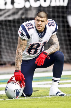 File Photo : AARON HERNANDEZ, the former New England Patriots star who was convicted of murder in 2015, killed himself in his prison cell Wednesday morning. Hernandez, 27, was found hanging in his cell by corrections officers around 3:05 a.m. at the Souza Baranowski Correctional Center, Massachusetts: Pictured: , 2015 - File - Former New England Patriots player AARON HERNANDEZ has been found guilty of the first-degree murder of his friend, another American footballer. Hernandez was sentenced to life in prison without parole. Arrested in 2013 and charged with killing Odin Lloyd, a semi-pro player who was dating the sister of Hernandez's fiancee. Lloyd's body was found with six bullet wounds less than a mile from Hernandez's home. At the time, Hernandez had a contract worth 0m. But within hours of his arrest, the Patriots sacked Hernandez, considered one of the top tight ends playing the game. Pictured - December 23, 2012 - Rutherford, New Jersey - New England Patriots tight end Aaron Hernandez takes a rest on the field before the start of the NFL game between the New England Patriots and the Jacksonville Jaguars
Former NFL Star Aaron Hernandez Commits Suicide in Prison, Jacksonville, USA - 19 Apr 2017